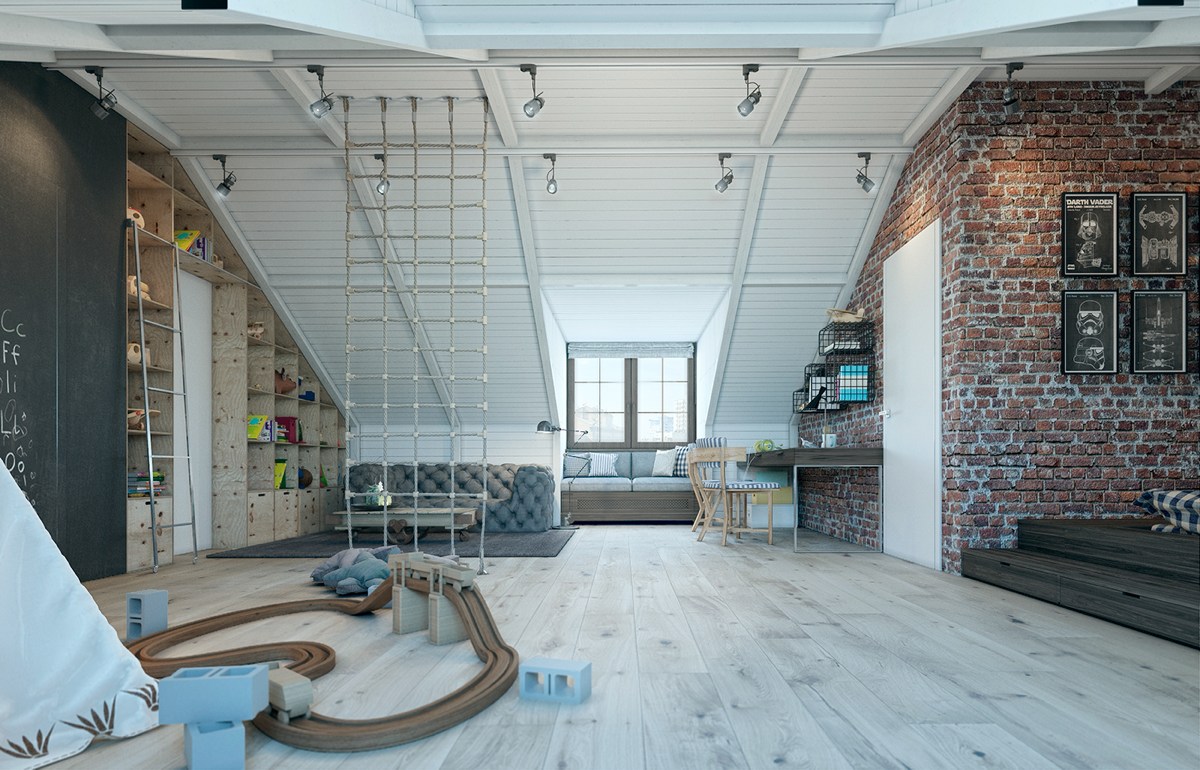 This incredible loft like room has rather adult design but is still amazing for a little boy