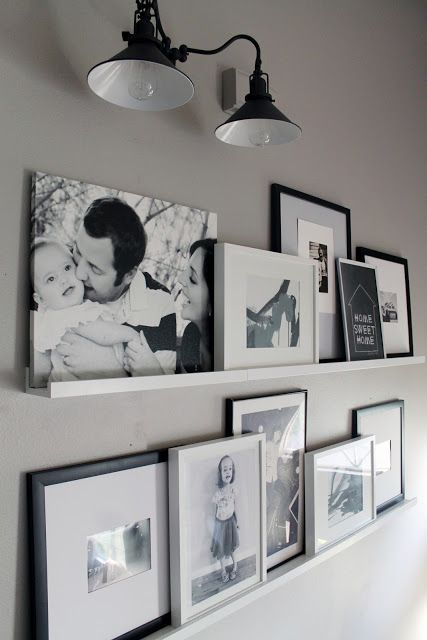 black and white photo gallery wall on Ribba ledges