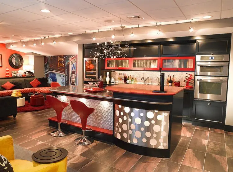 70s-inspired basement bar with red touches