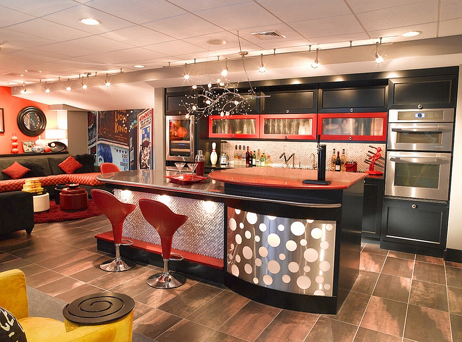 70s inspired basement bar with red touches