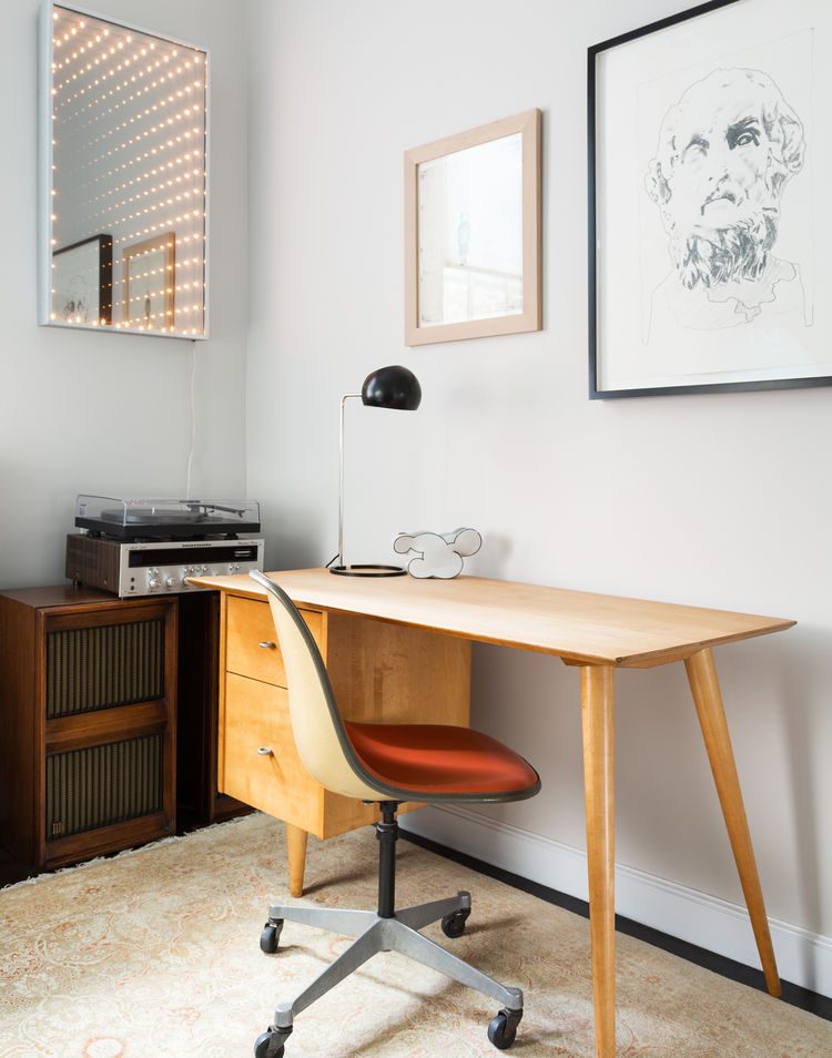 mid-century modern home office is decorated with unique Lighted Mirror