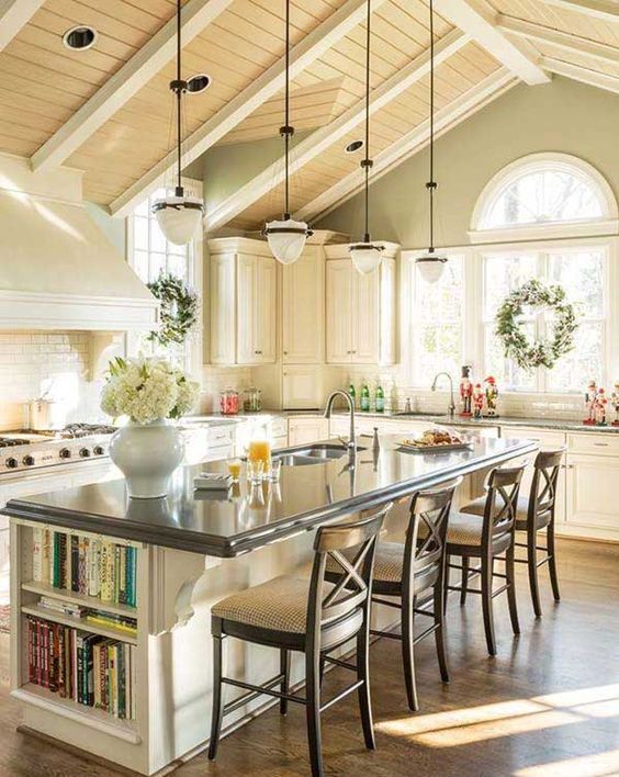 kitchen island with a book storage space