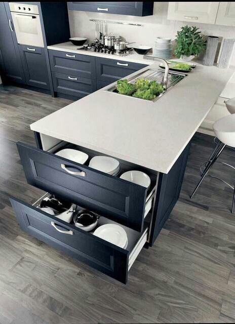 kitchen island with dishes and tableware storage