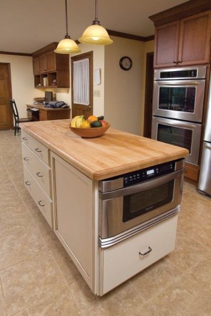 Kitchen island with a built in microwave