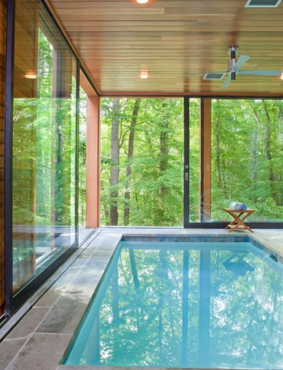 a pool inside a glass house to merge with nature