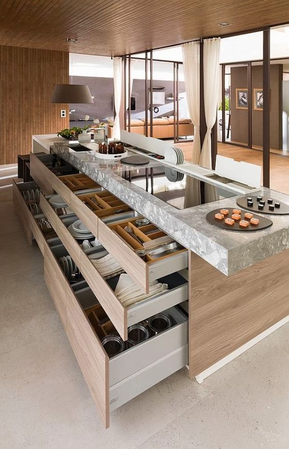 kitchen island with tableware and dishes storage