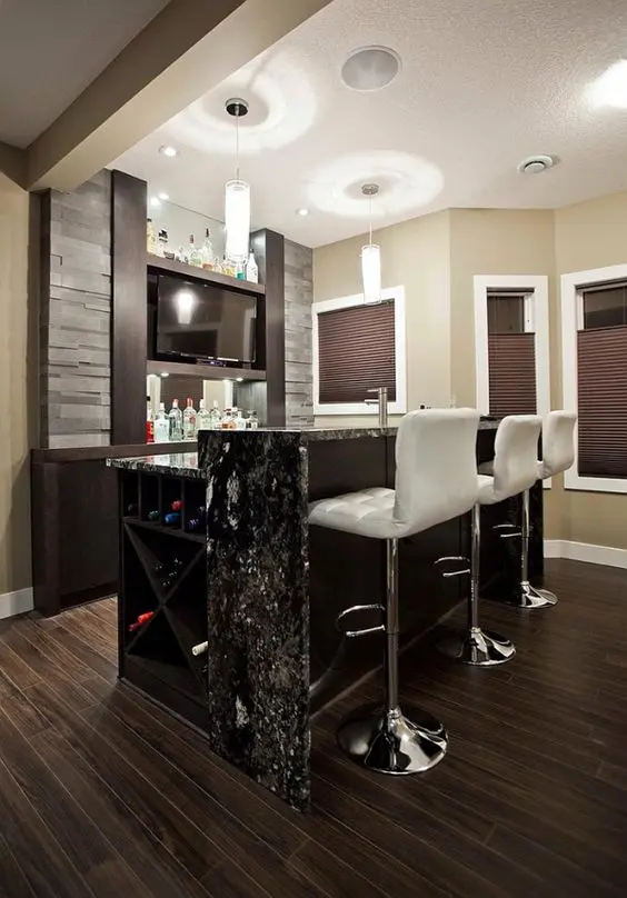 gorgeous chocolate and white basement bar