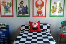 a colorful Mario Brothers themed kid’s bedroom done in green, red, blue and black and white