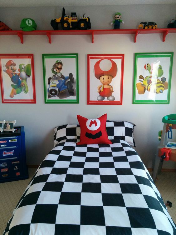 a colorful Mario Brothers themed kid's bedroom done in green, red, blue and black and white
