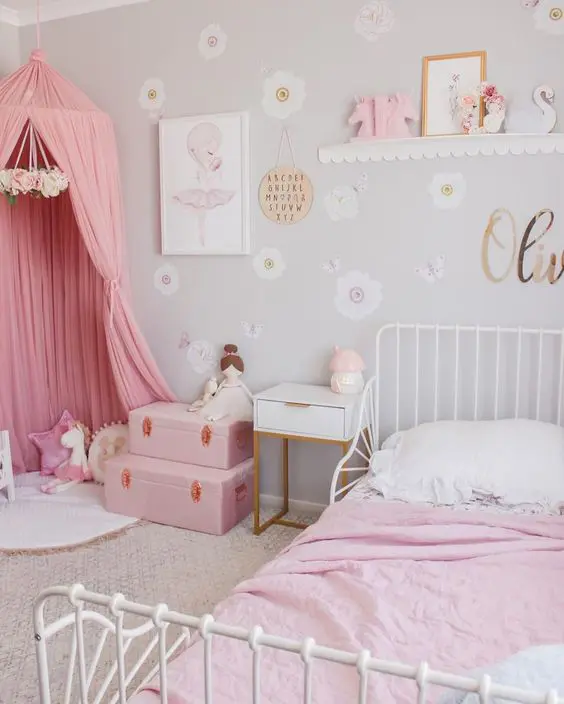 a dove grey girl's room with white furniture, pink bedding, a pink teepee, pink suitcases and various toys is awesome