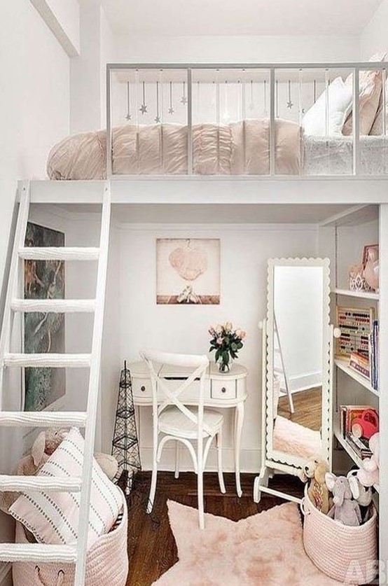 a creative Parisian teen bedroom with a loft bedroom, a tiny desk and a chair, a floor mirror and built-in shelves