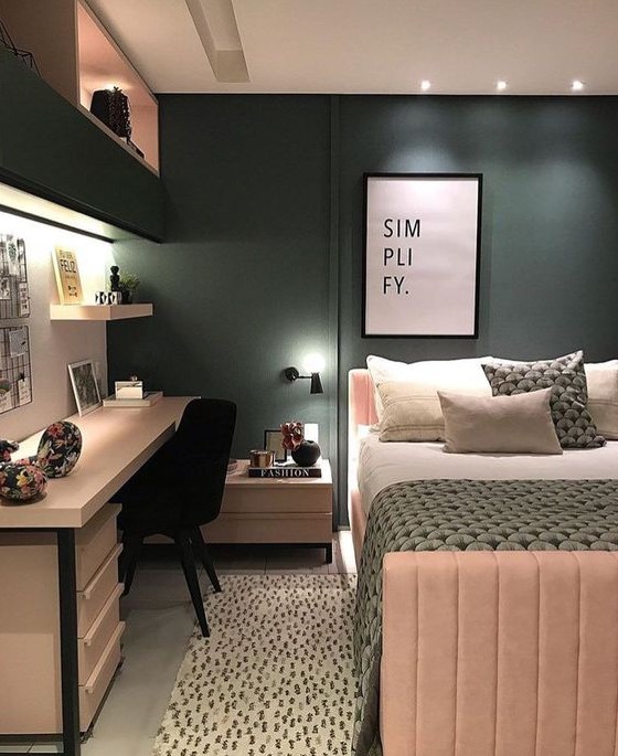 A stylish teen girl bedroom in hunter green and blush, with built in storage, lights and cool printed textiles