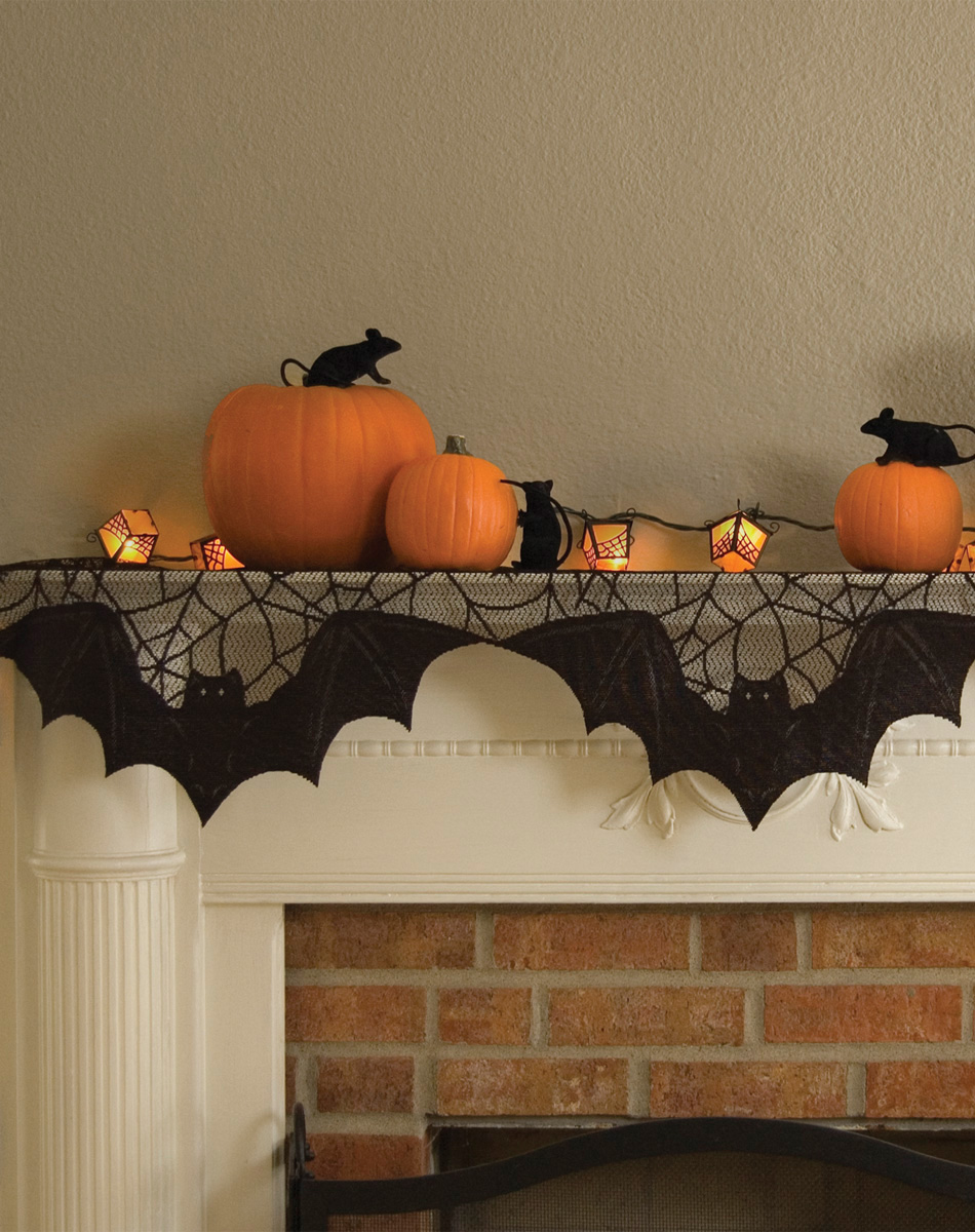 Mice playing among the pumpkins looks great with bat/spider themed mantle scarf.
