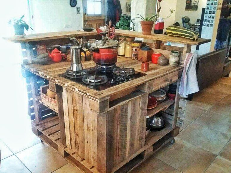 a kitchen island could be made of shipping pallets and other wood scraps