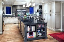 beautiful gray kitchen island design with shelves on the end for books and ceramic