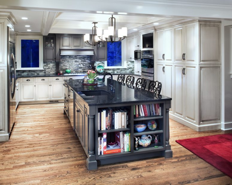 beautiful gray kitchen island design with shelves on the end for books and ceramic