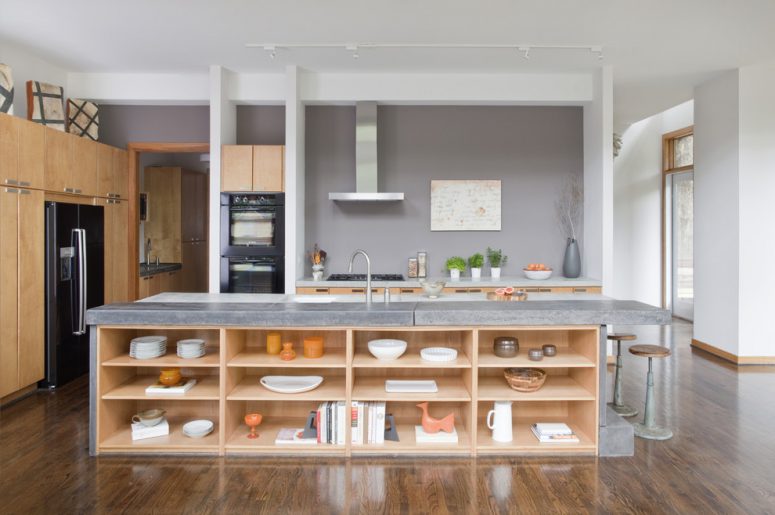 open shelving island provides lots of space for displaying silverware