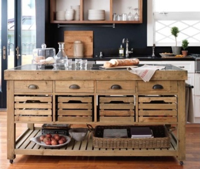 rustic looking kitchen island with storage crates