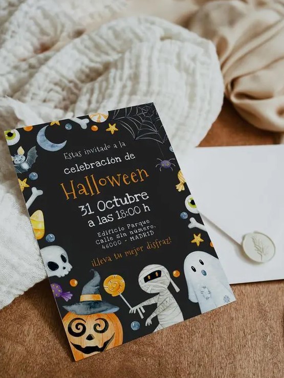 a cute and colorful Halloween party invitation with skulls, mummies, ghosts and googly eyes is a cool idea