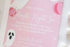 a pretty and fun pink Halloween invitation with ghosts and pumpkins hints on the bright colors and cute decor
