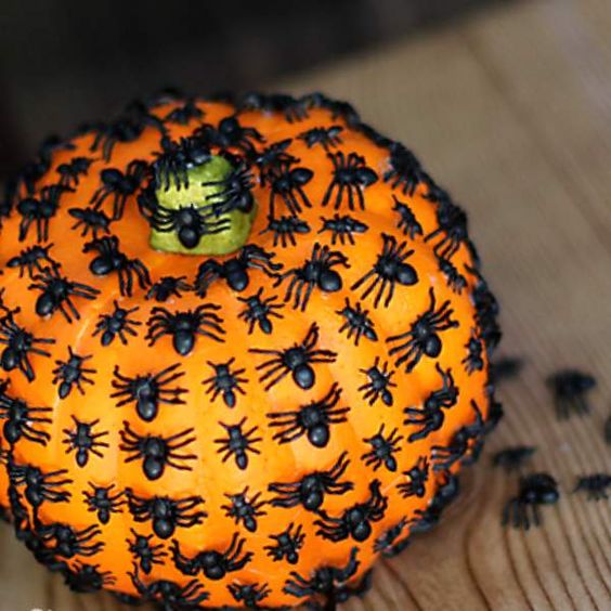 a pumpkin covered with black spiders is a cool idea for Halloween decor and it can be made in minutes, very easily and fast
