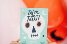 a simple and bright Halloween invitation in mint, black and white is a cool solution for a modern and colorful Halloween party