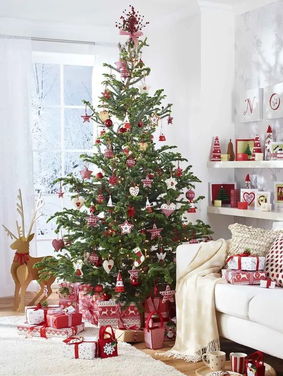 Scandinavian inspired red and white Christmas tree decor is amazing, add red and white gift boxes under the tree
