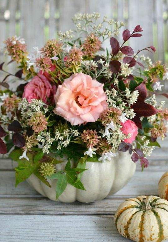 a fantastic Thanksgiving centerpiece of a white pumpkin with pink and white blooms, greenery and dark foliage is a cool idea