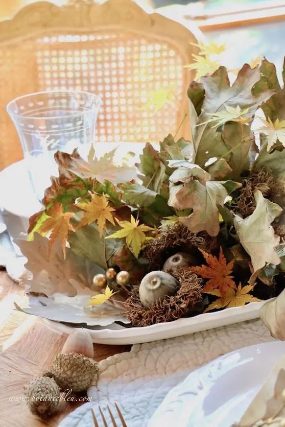 A lovely all natural Thanksgiving centerpiece of fall leaves, acorns, fruits and other stuff can be made last minute