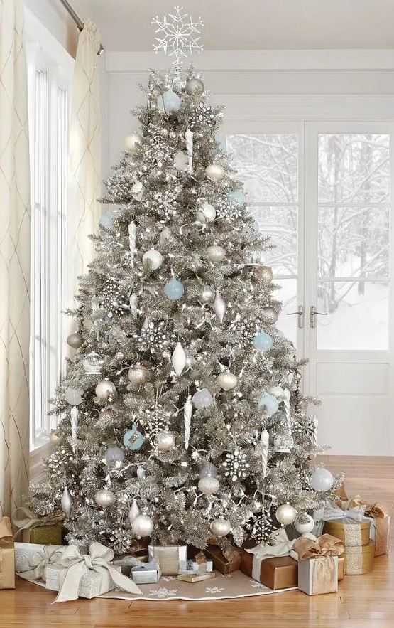 a stunning silver tree with white, silver and light blue ornaments that reminds of Christmas wonderland