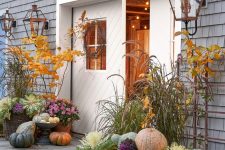 colorful and all-natural heirloom pumpkins in buckets and on the ground for cozy fall and Thanksgiving decor