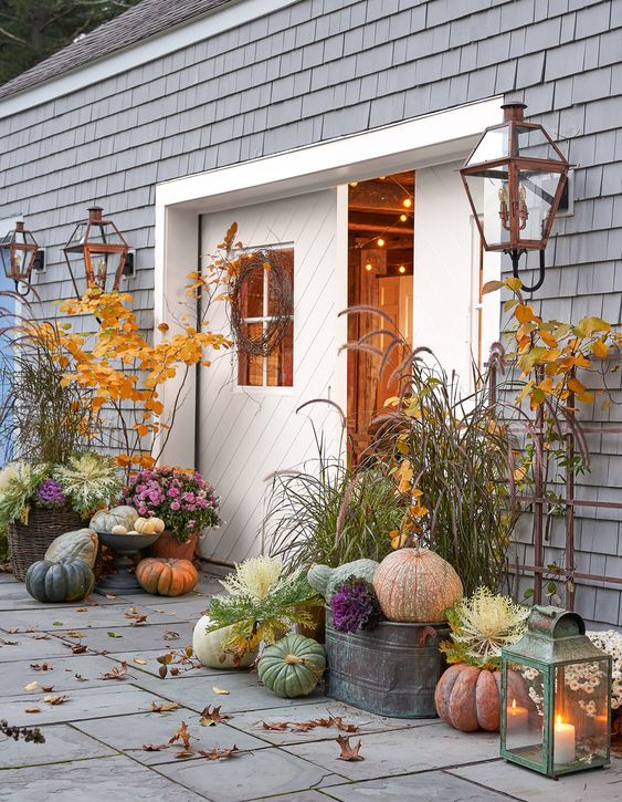 colorful and all-natural heirloom pumpkins in buckets and on the ground for cozy fall and Thanksgiving decor