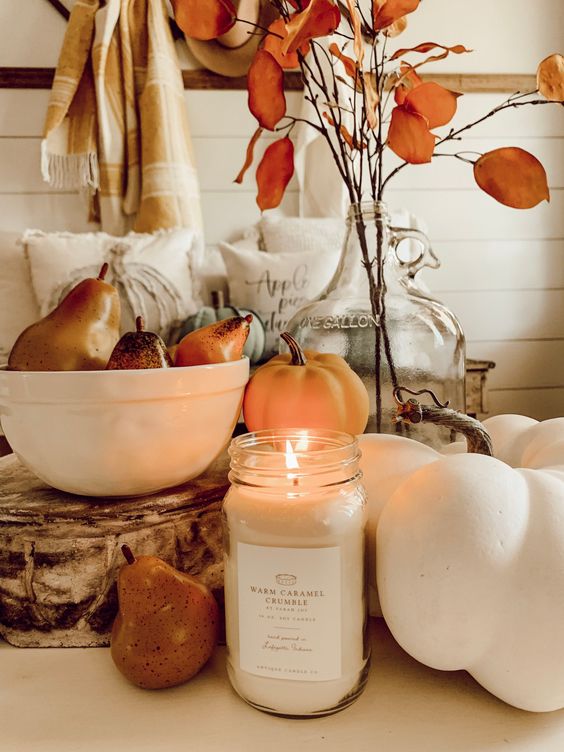 Faux veggies, a candle and some dried blooms for beautiful and all natural fall decor