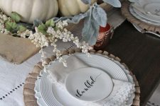 vintage white plates, a burlap placemat, a small clay plate with Thankful print on top will create a great Thanksgiving place setting