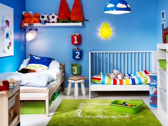 Shared room design for a baby and for a toddler. All furniture and decor are from IKEA.
