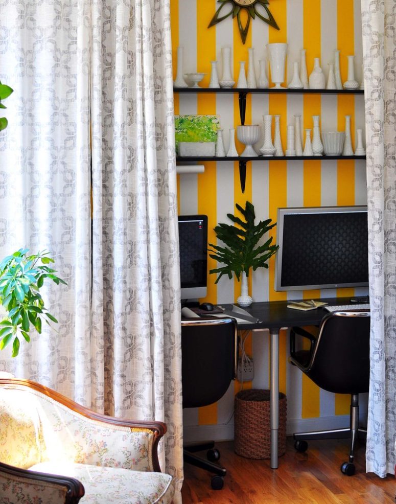 Hidden shared home office for two behind curtains could be organized in any room.