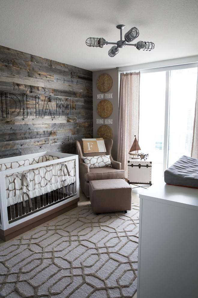 Whitewash wood walls are perfect for nurseries but rustic reclaimed wood planks could work too if you want an unique accent wall there.
