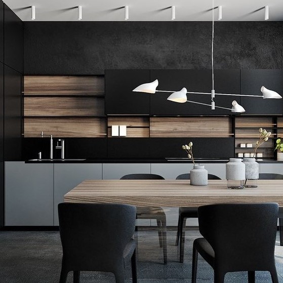 A minimalist kitchen in black, grey and with light colored wood is very stylish and bold