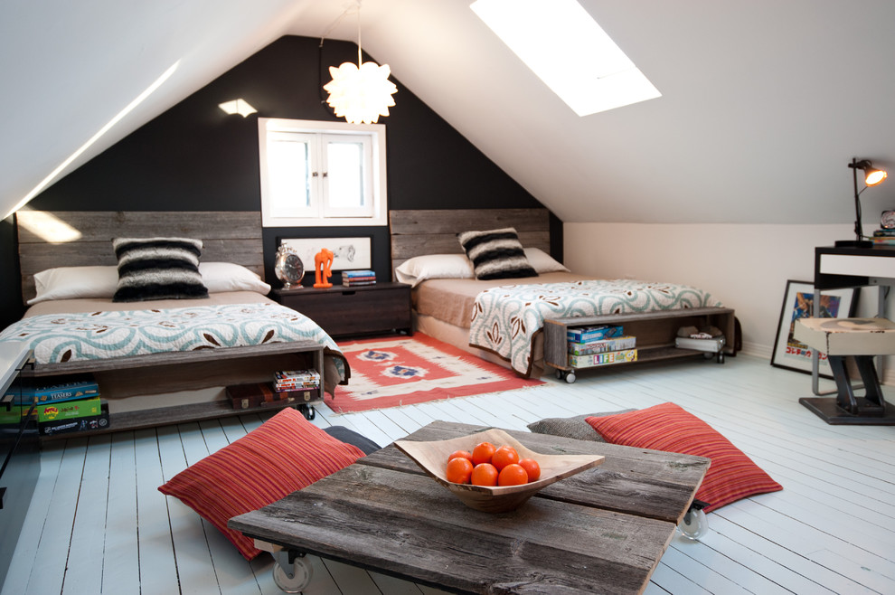 Rustic neutral gender attic teen bedroom design with a cool movable table