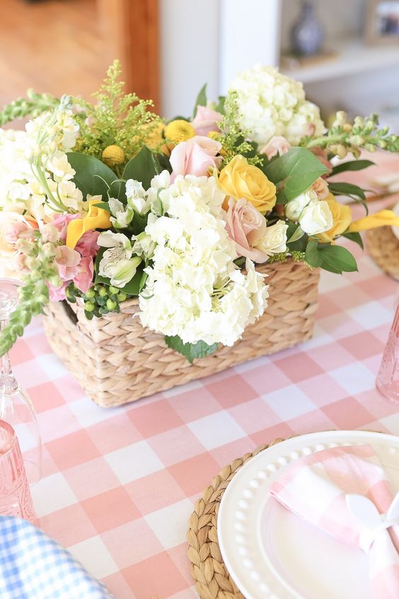 a classy rustic centerpiece for spring, with yellow and pink roses, white hydrangeas, billy balls and greenery is wow