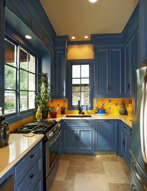 a cool blue and yellow kitchen design