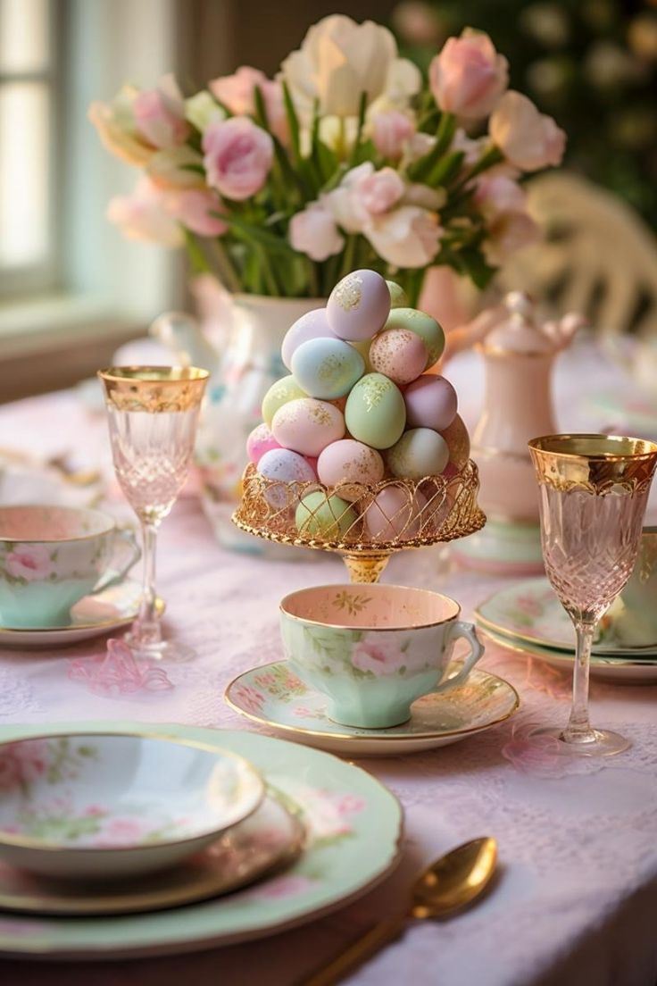 a vintage Easter tea tablescape with a pastel egg stack, fresh tulips, vintage floral print teaware is very elegant