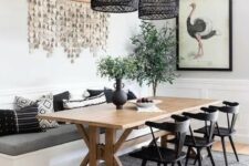 a cozy dining room with a trestle dining table