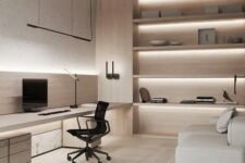 a luxurious minimalist home office with a sleek built-in desk with storage, a black chair, a neutral sofa and built-in shelves with lights is a cool space