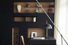 a mid-century modern home office with a black wall, a rich stained niches, a black desk and stylish lamps