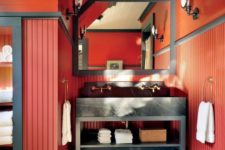 a bold red farmhouse-style bathroom design