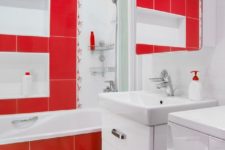a bright red and white bathroom looks fresh, bold and inviting and raises the spirits at once