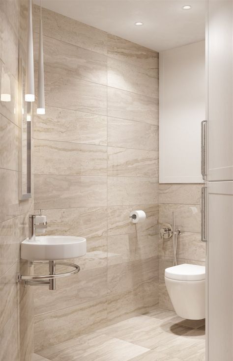 a modern bathroom done in beige and tan and touches of white, with porcelain tiles