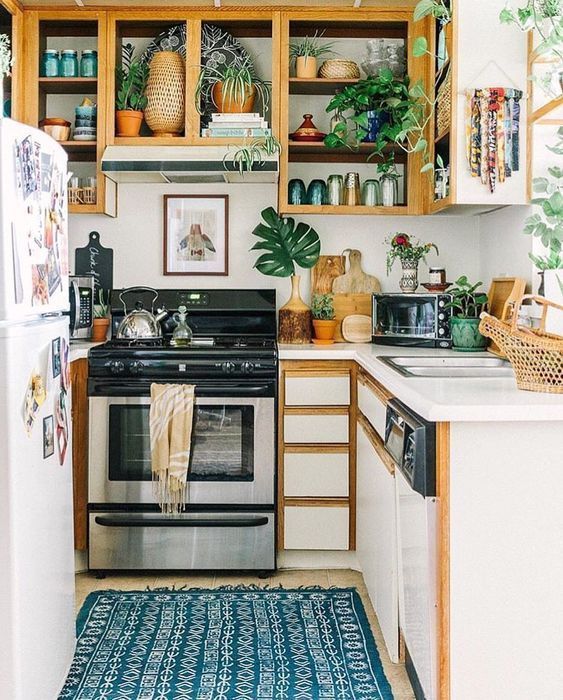 a small boho kitchen with open cabinets, closed sleek ones, a pritned rug, lots of greenery and leaves