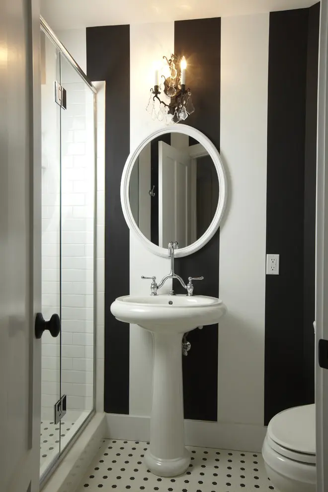 hick alternating black and white stripes are perfect for compact bathrooms